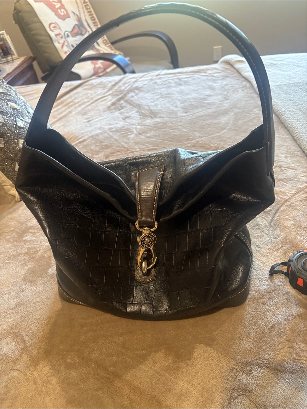 Dooney & Bourke Black and Brown Croc-Embossed Satchel Bag